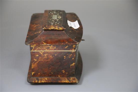 A Regency mother of pearl inlaid tortoiseshell tea caddy, width 8in. depth 5.5in. height 5.5in.